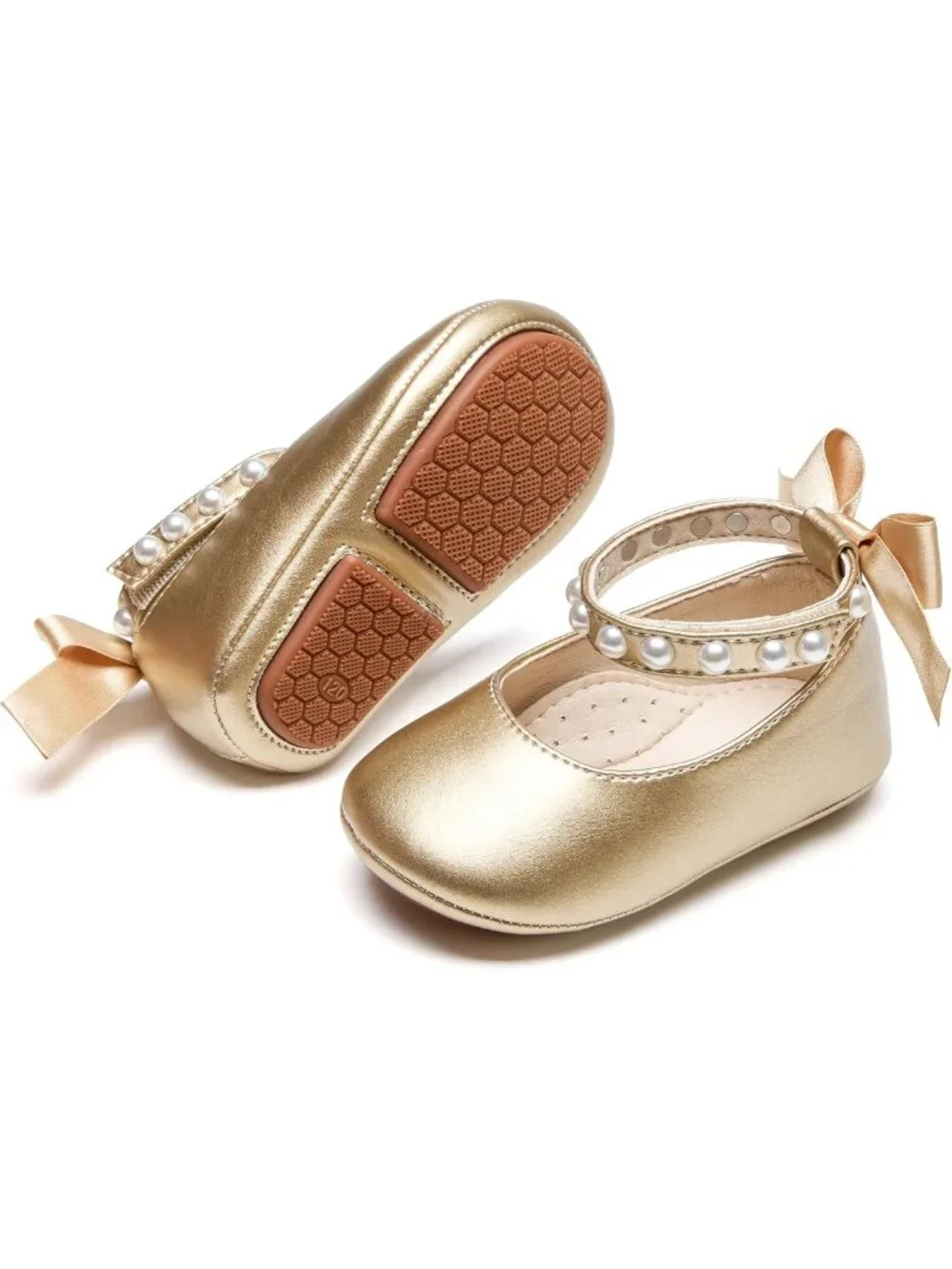 Baby Girls Mary Jane Flats - Soft Rubber Sole Infant Walking Shoes for Weddings